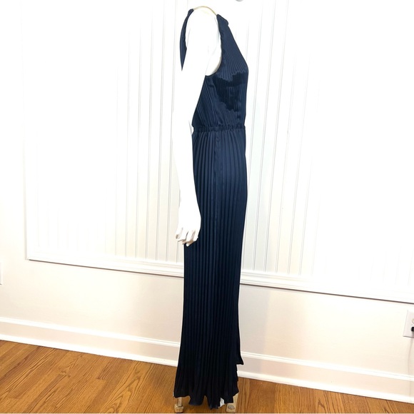 MICHAEL Michael Kors Women's Blue Satin Pleated Wide Leg Halter Jumpsuit Medium - Picture 6 of 13